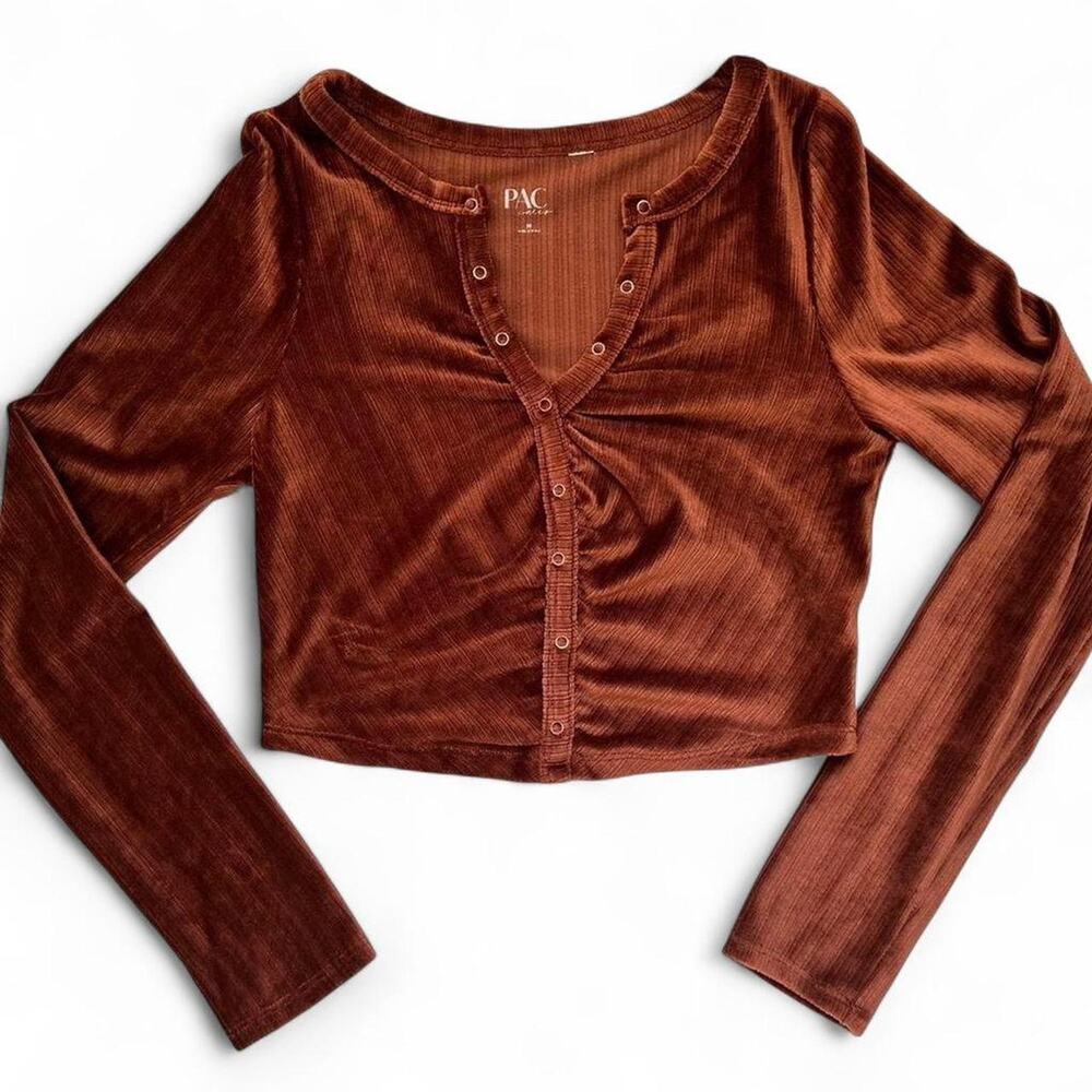 PacSun Ribbed Brown Crop Top Long Sleeve Snap Button Y2K Women’s Medium